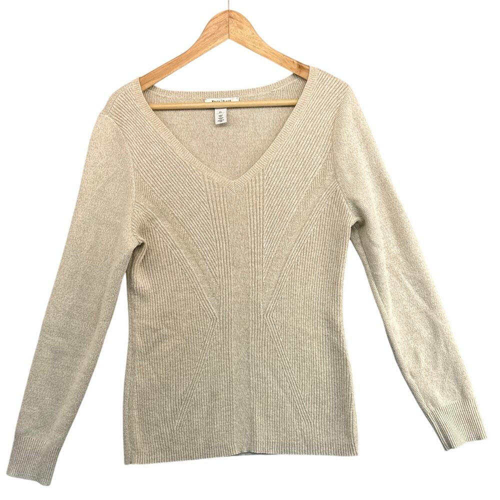 White House Black Market Cream Gold V Neck Ribbed Sweater Women XL